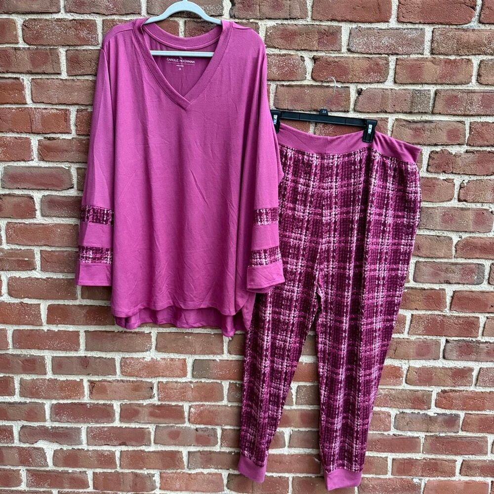 Carole Hochman Women's Long Sleeve Top And Tweed Print Jogger PJ Set Pink 2X NWT